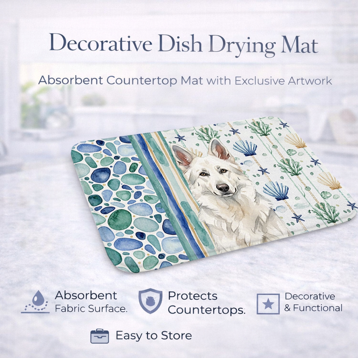 Picture of Carolines Treasures WDK7047DDM 21 x 14 in. White German Shepherd Coastal Sea Glass Dish Drying Mat