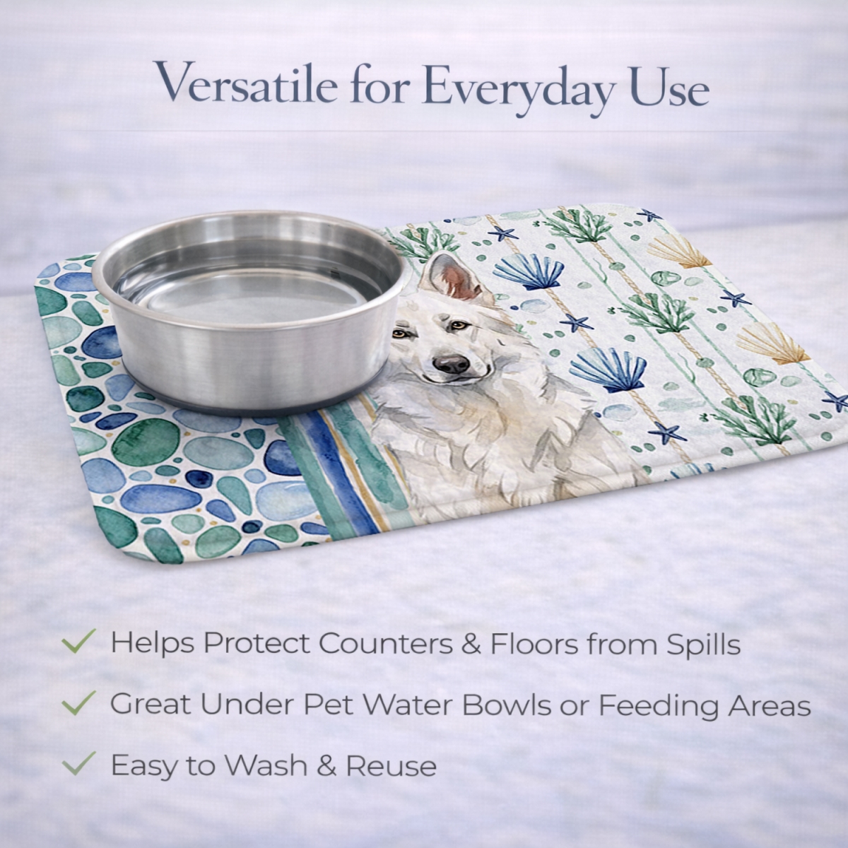 Picture of Carolines Treasures WDK7047DDM 21 x 14 in. White German Shepherd Coastal Sea Glass Dish Drying Mat