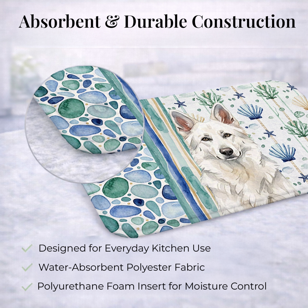 Picture of Carolines Treasures WDK7047DDM 21 x 14 in. White German Shepherd Coastal Sea Glass Dish Drying Mat