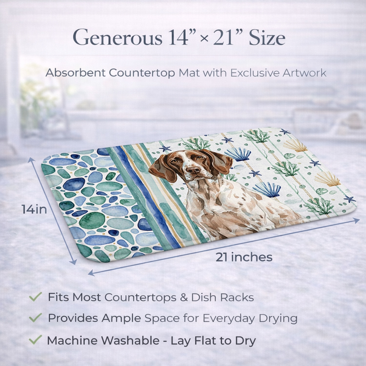 Picture of Carolines Treasures WDK7048DDM 21 x 14 in. German Shorthaired Pointer Coastal Sea Glass Dish Drying Mat