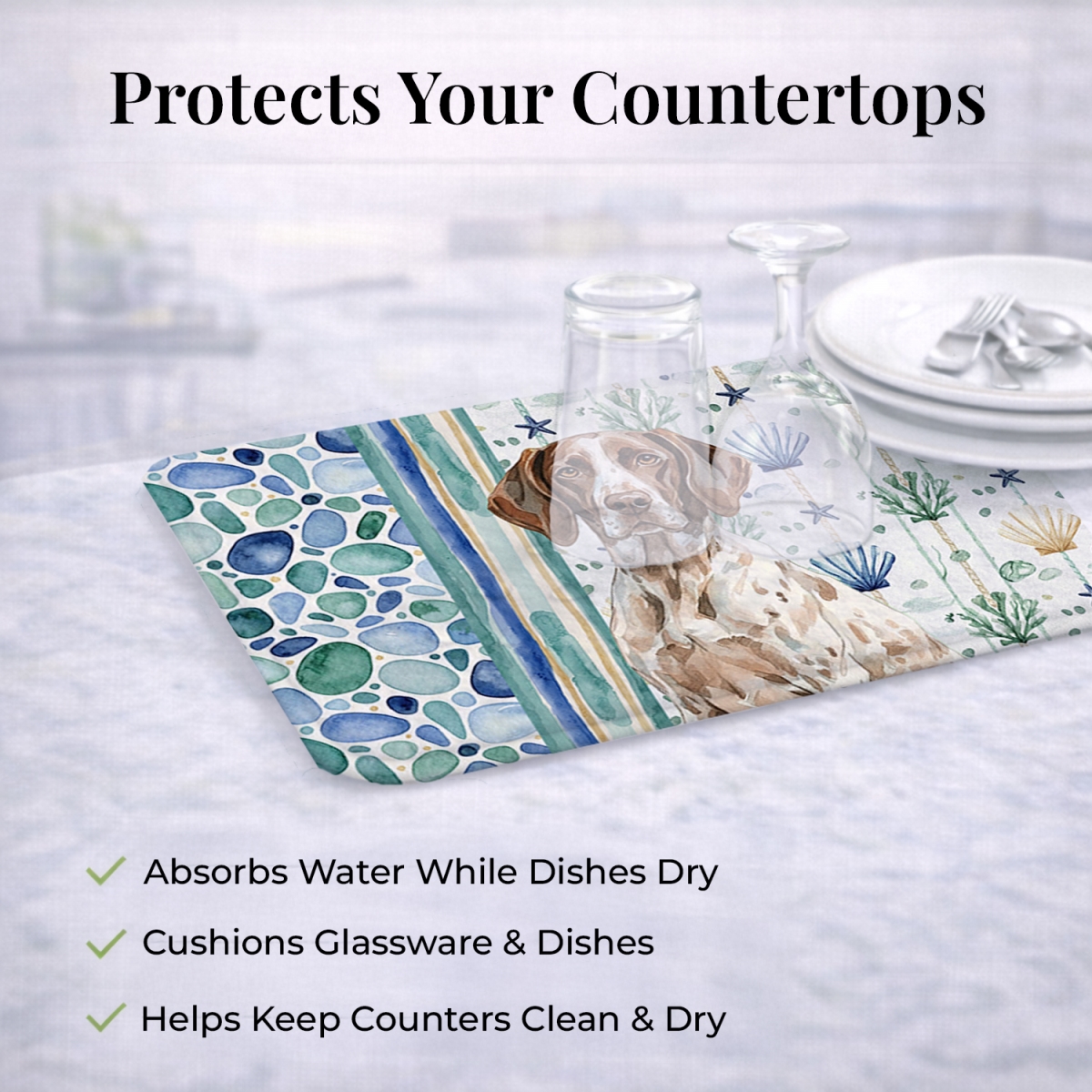 Picture of Carolines Treasures WDK7048DDM 21 x 14 in. German Shorthaired Pointer Coastal Sea Glass Dish Drying Mat