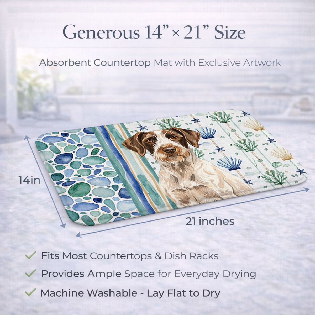 Picture of Carolines Treasures WDK7049DDM 21 x 14 in. Liver & White German Wirehaired Pointer Coastal Sea Glass Dish Drying Mat