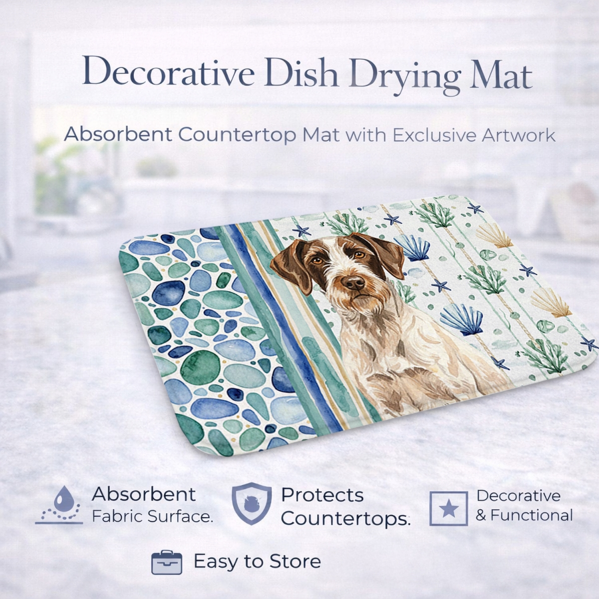 Picture of Carolines Treasures WDK7049DDM 21 x 14 in. Liver & White German Wirehaired Pointer Coastal Sea Glass Dish Drying Mat