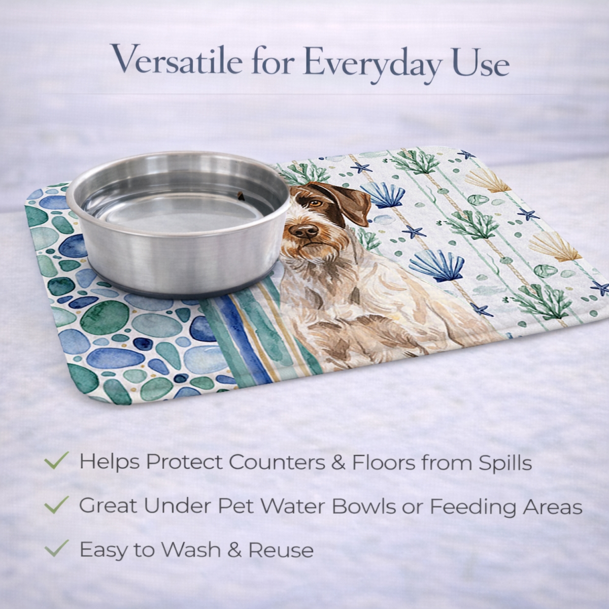 Picture of Carolines Treasures WDK7049DDM 21 x 14 in. Liver & White German Wirehaired Pointer Coastal Sea Glass Dish Drying Mat