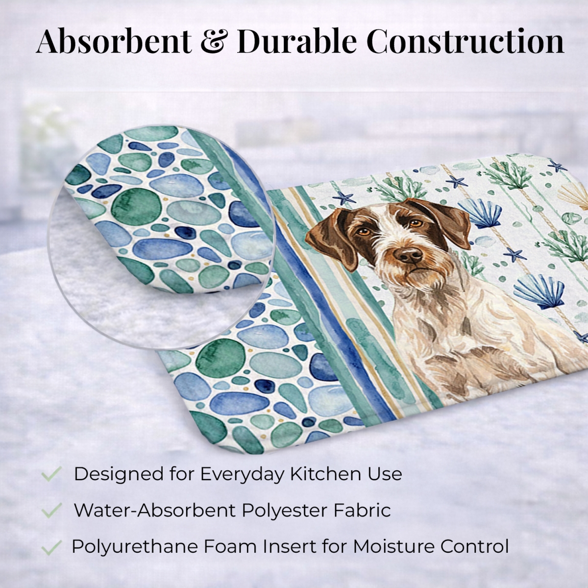Picture of Carolines Treasures WDK7049DDM 21 x 14 in. Liver & White German Wirehaired Pointer Coastal Sea Glass Dish Drying Mat