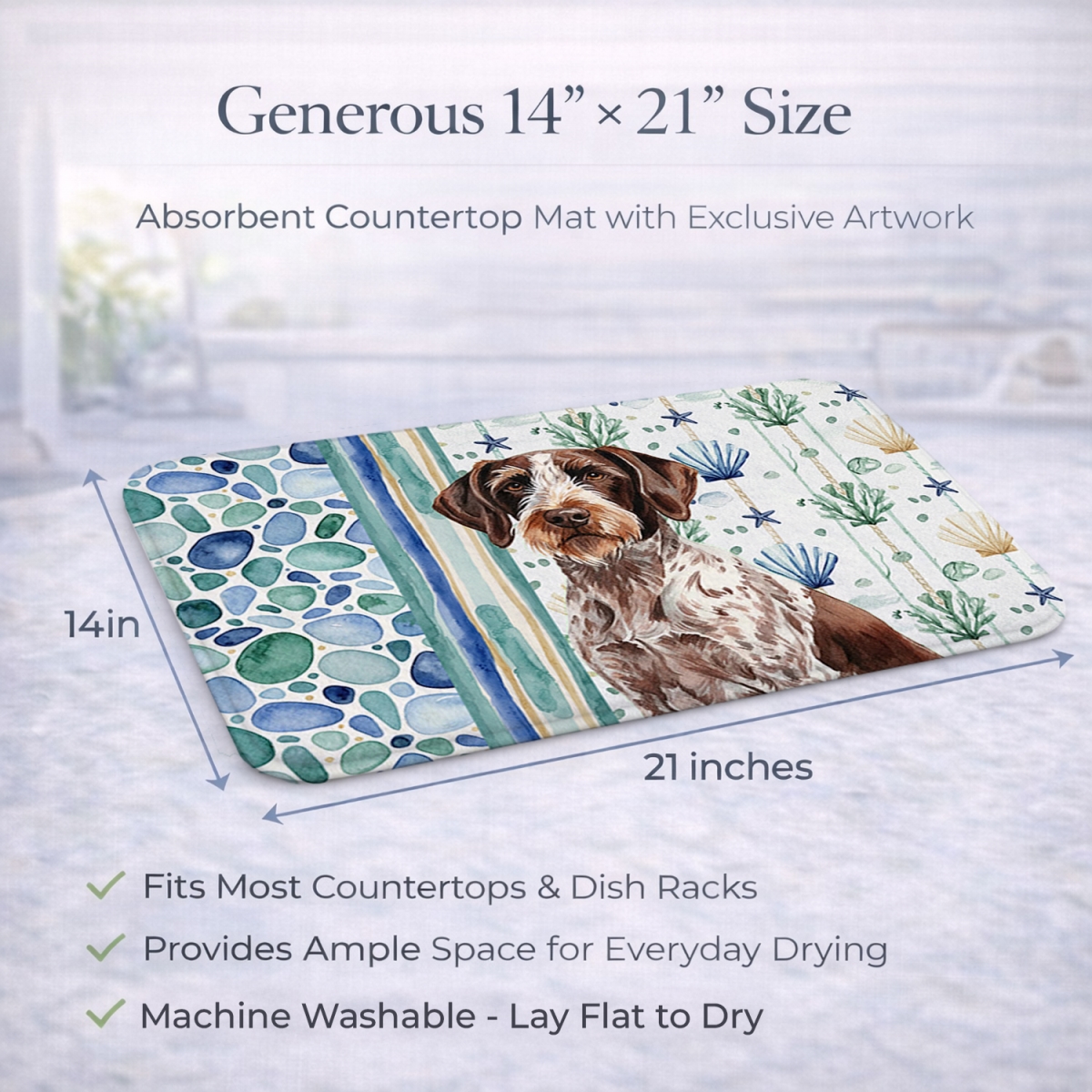 Picture of Carolines Treasures WDK7050DDM 21 x 14 in. Roan German Wirehaired Pointer Coastal Sea Glass Dish Drying Mat