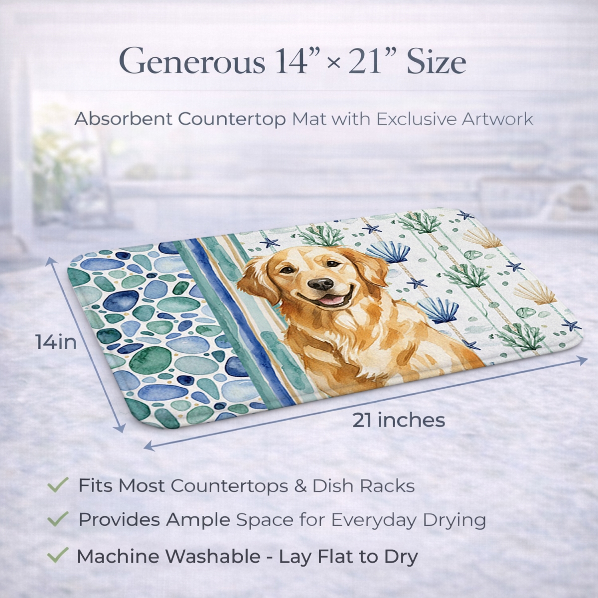 Picture of Carolines Treasures WDK7051DDM 21 x 14 in. Golden Retriever Coastal Sea Glass Dish Drying Mat