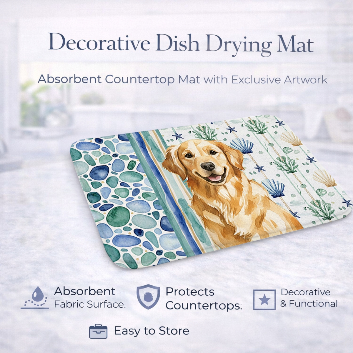 Picture of Carolines Treasures WDK7051DDM 21 x 14 in. Golden Retriever Coastal Sea Glass Dish Drying Mat
