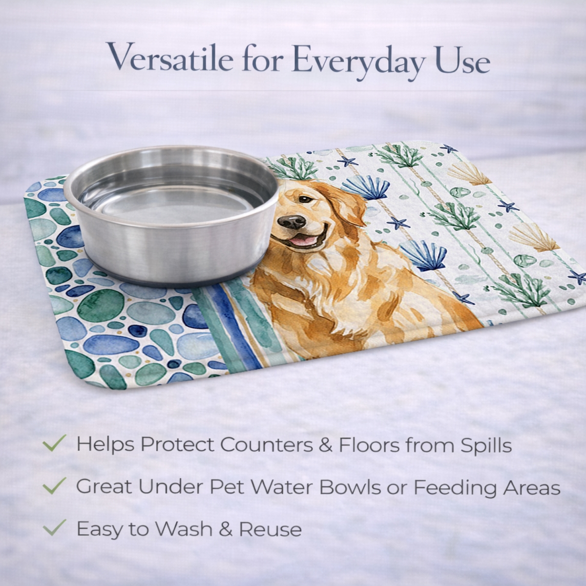Picture of Carolines Treasures WDK7051DDM 21 x 14 in. Golden Retriever Coastal Sea Glass Dish Drying Mat