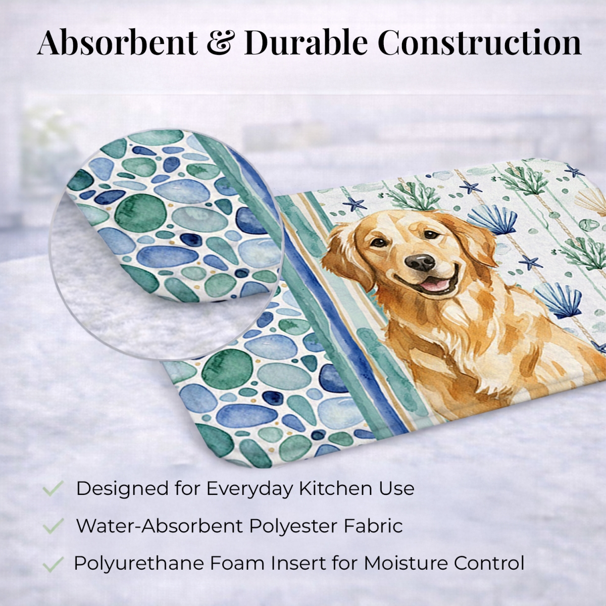 Picture of Carolines Treasures WDK7051DDM 21 x 14 in. Golden Retriever Coastal Sea Glass Dish Drying Mat
