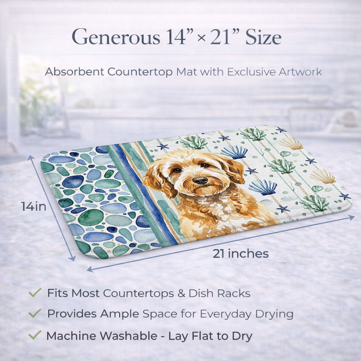 Picture of Carolines Treasures WDK7052DDM 21 x 14 in. Goldendoodle Coastal Sea Glass Dish Drying Mat