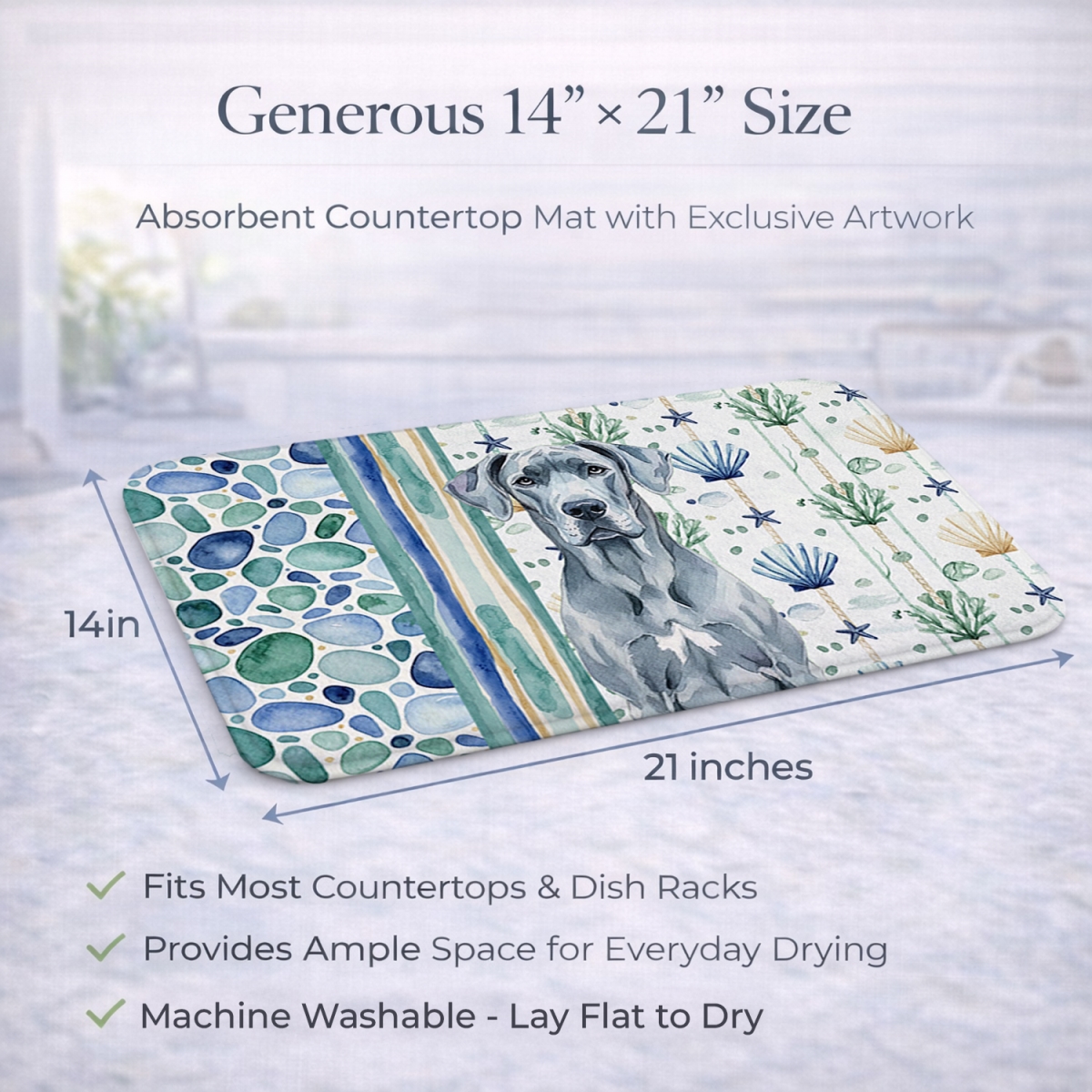 Picture of Carolines Treasures WDK7054DDM 21 x 14 in. Blue Great Dane Coastal Sea Glass Dish Drying Mat