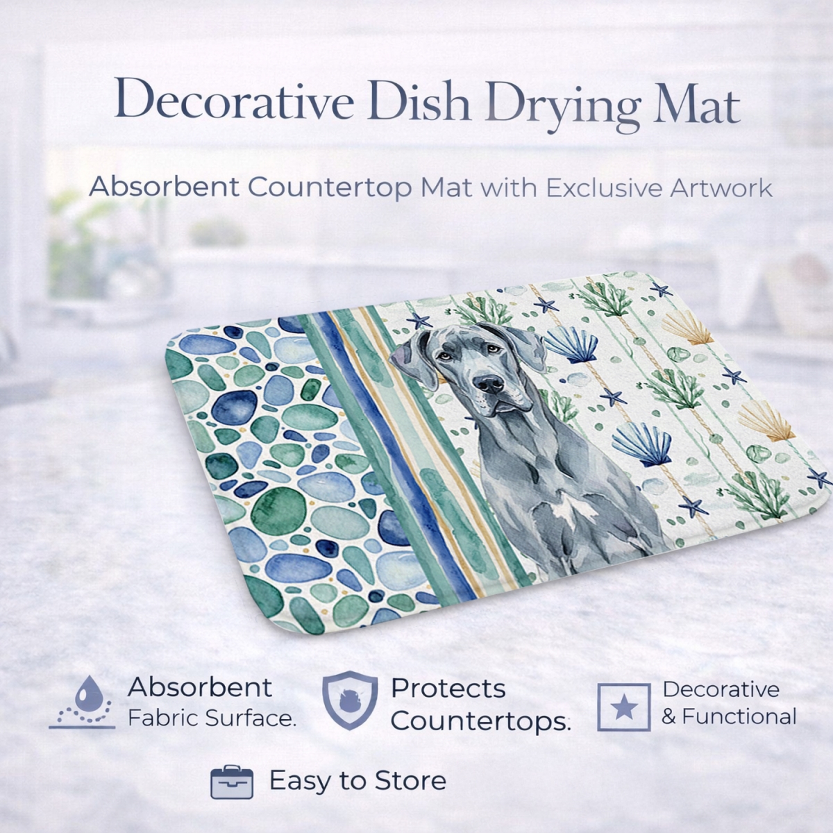 Picture of Carolines Treasures WDK7054DDM 21 x 14 in. Blue Great Dane Coastal Sea Glass Dish Drying Mat