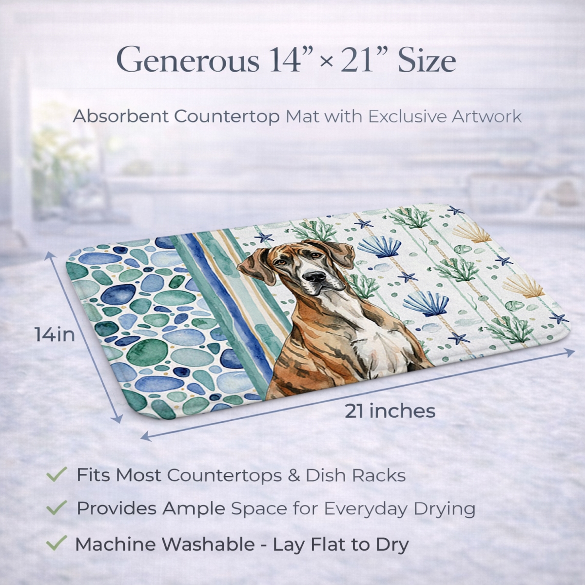 Picture of Carolines Treasures WDK7055DDM 21 x 14 in. Brindle Great Dane Coastal Sea Glass Dish Drying Mat