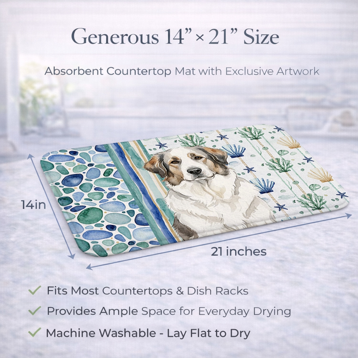 Picture of Carolines Treasures WDK7056DDM 21 x 14 in. decalr Great Pyrenees Coastal Sea Glass Dish Drying Mat