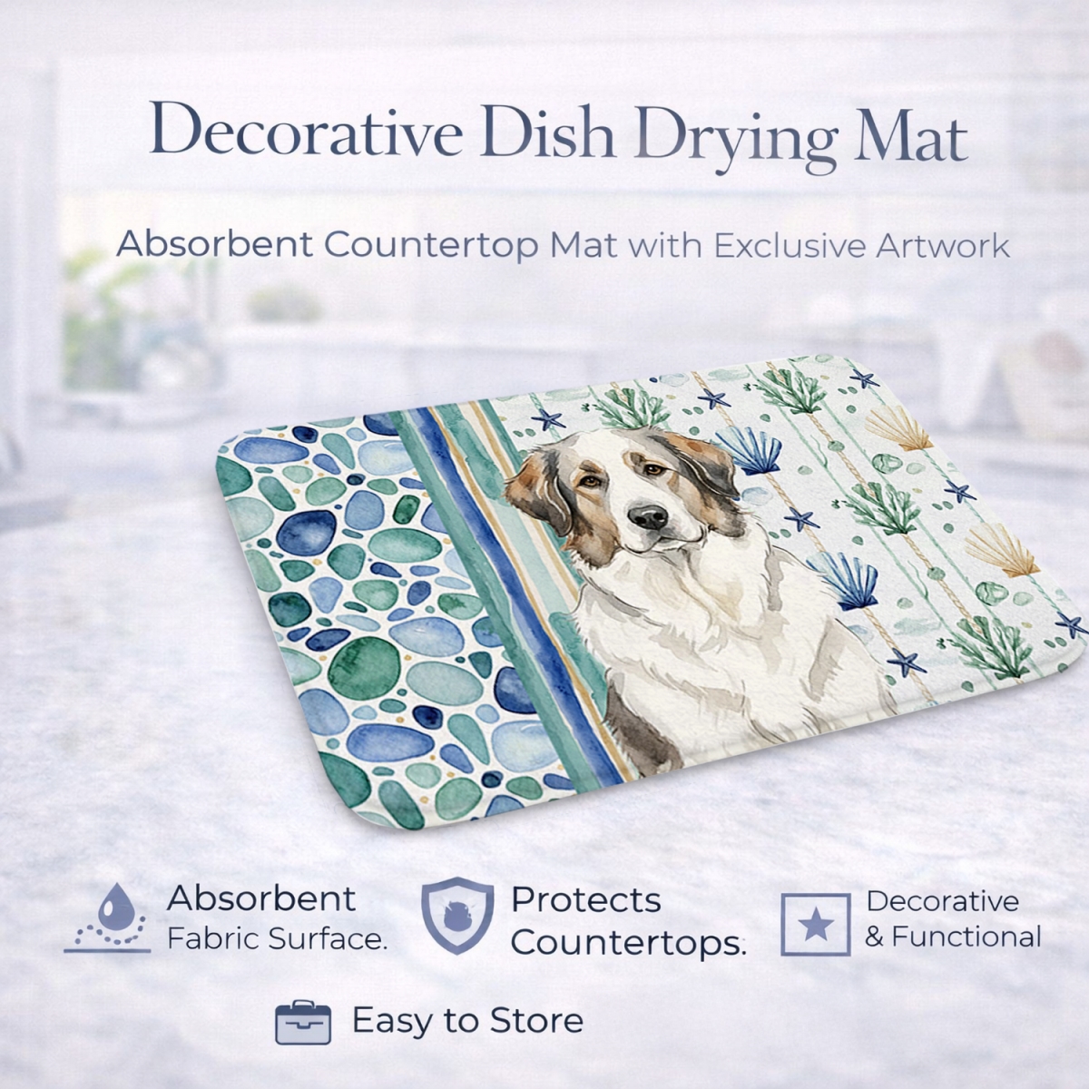 Picture of Carolines Treasures WDK7056DDM 21 x 14 in. decalr Great Pyrenees Coastal Sea Glass Dish Drying Mat