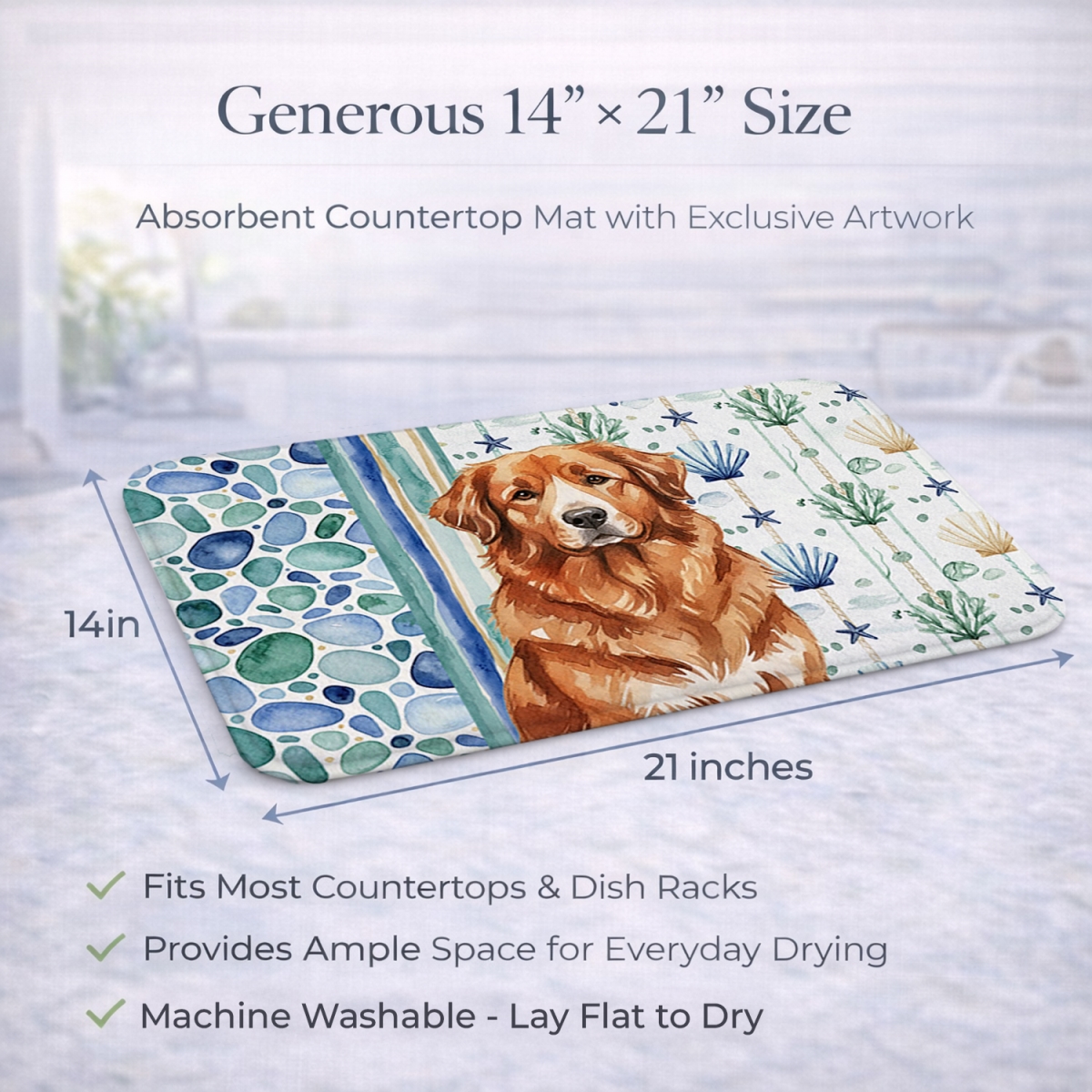 Picture of Carolines Treasures WDK7057DDM 21 x 14 in. Reddish Brown Great Pyrenees Coastal Sea Glass Dish Drying Mat
