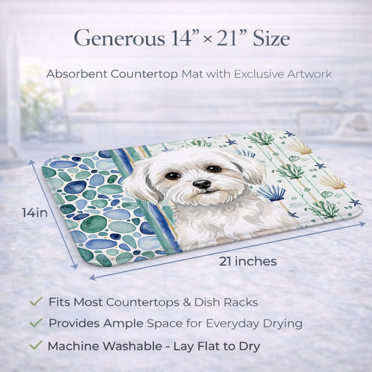 Picture of Carolines Treasures WDK7106DDM 21 x 14 in. Maltese Coastal Sea Glass Dish Drying Mat
