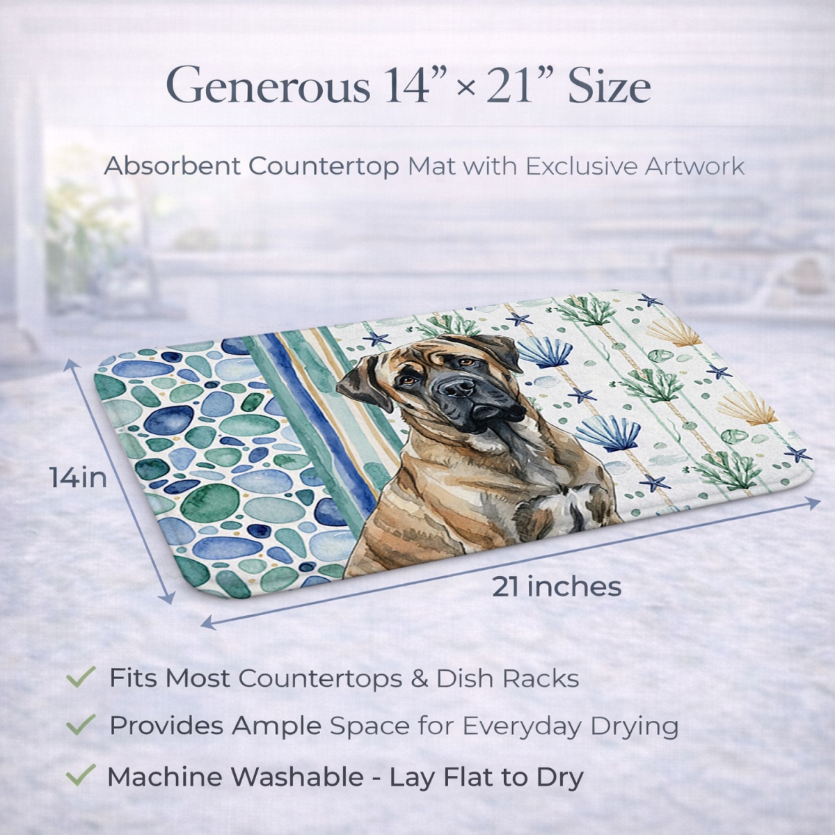 Picture of Carolines Treasures WDK7109DDM 21 x 14 in. Brindle Mastiff Coastal Sea Glass Dish Drying Mat