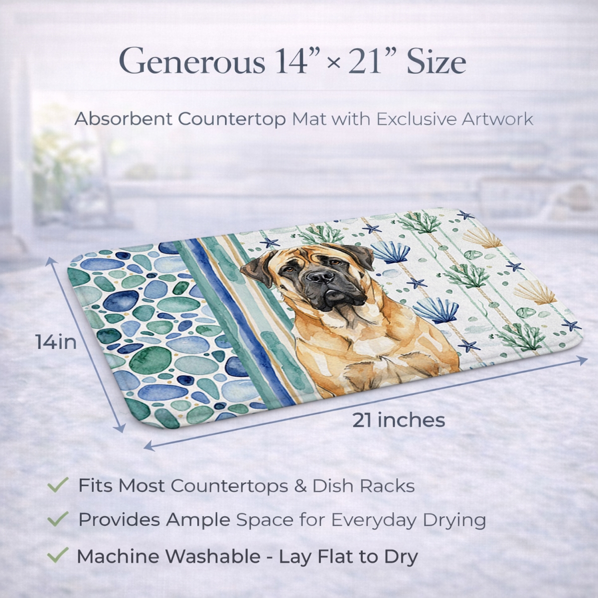 Picture of Carolines Treasures WDK7110DDM 21 x 14 in. Fawn Mastiff Coastal Sea Glass Dish Drying Mat