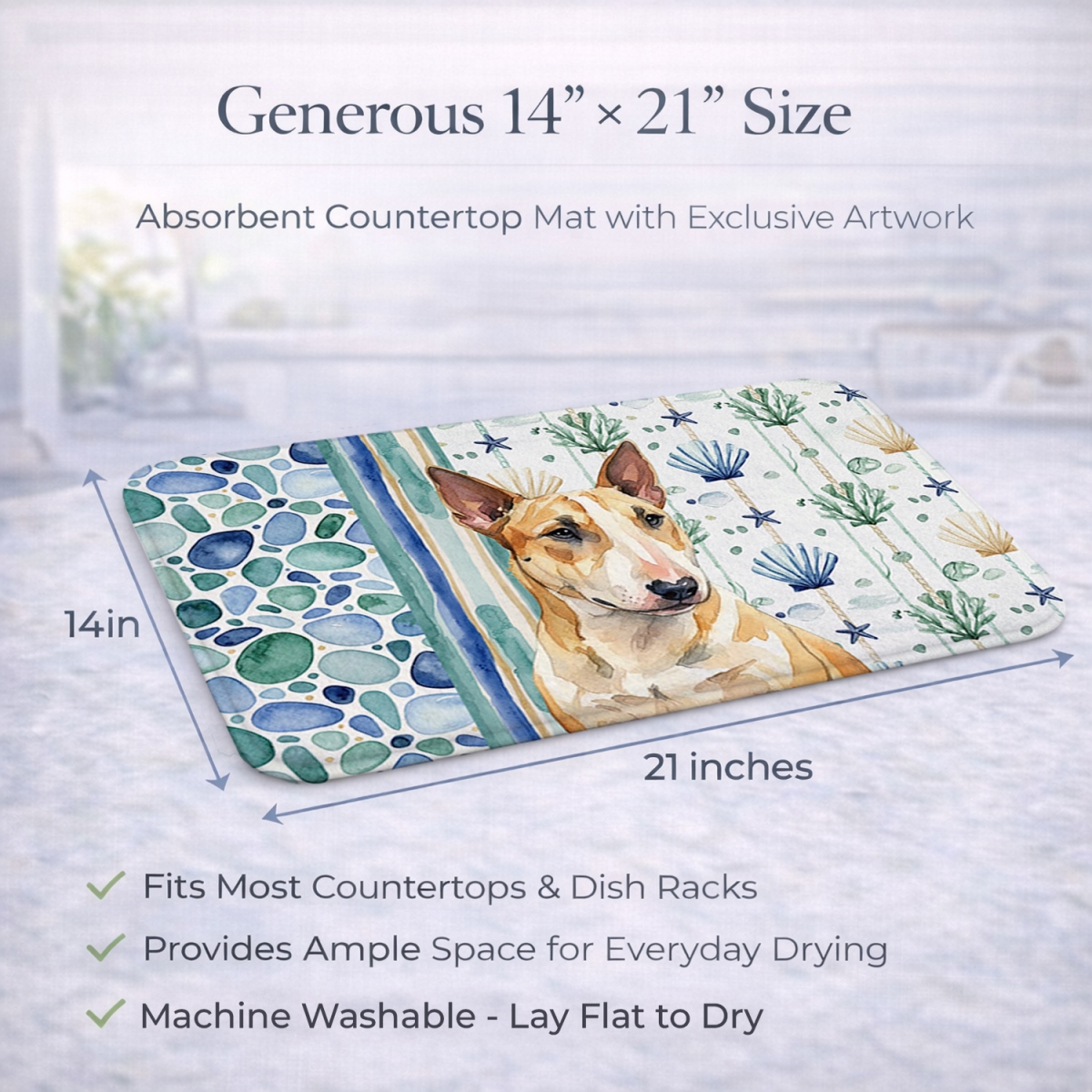 Picture of Carolines Treasures WDK7111DDM 21 x 14 in. Miniature Bull Terrier Coastal Sea Glass Dish Drying Mat