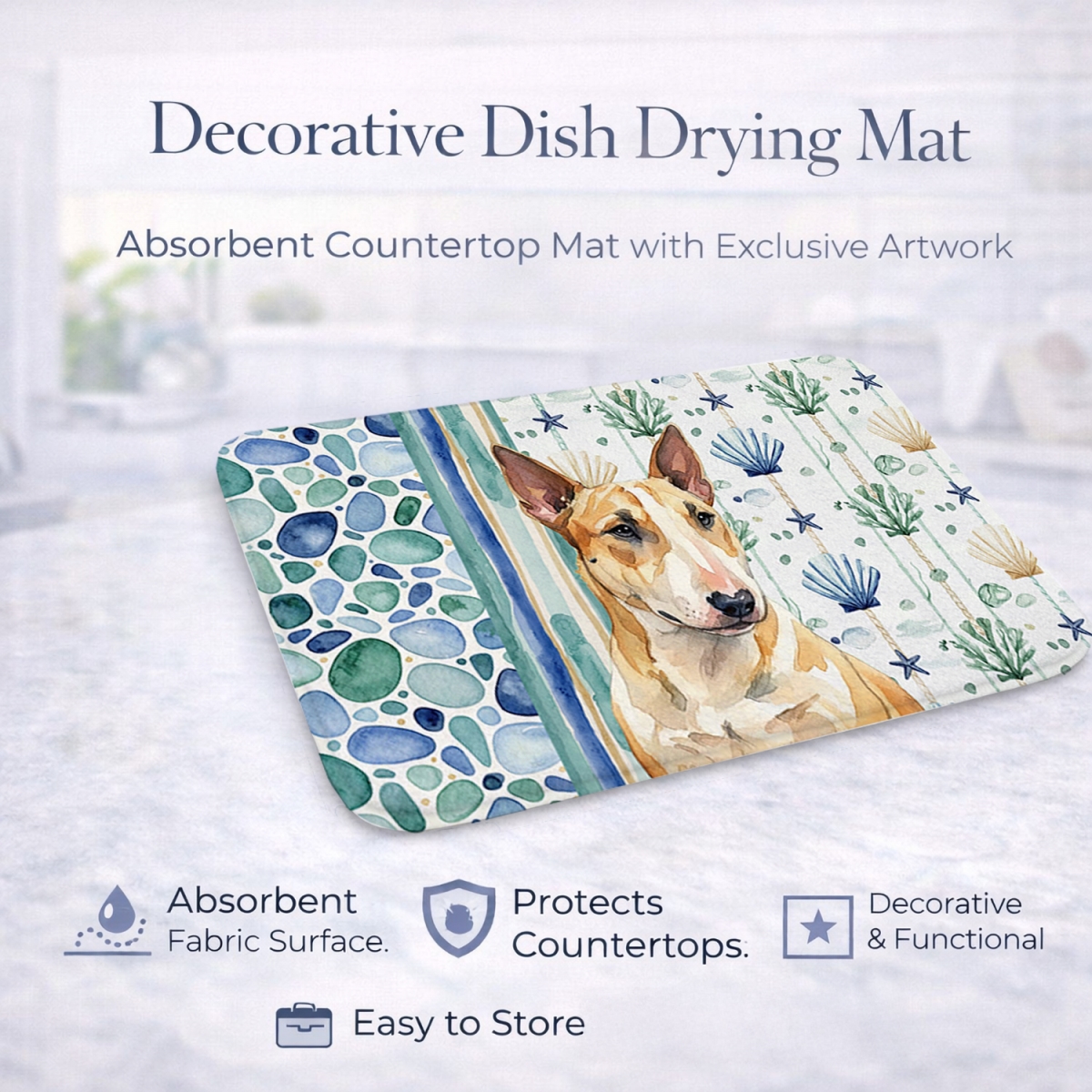 Picture of Carolines Treasures WDK7111DDM 21 x 14 in. Miniature Bull Terrier Coastal Sea Glass Dish Drying Mat
