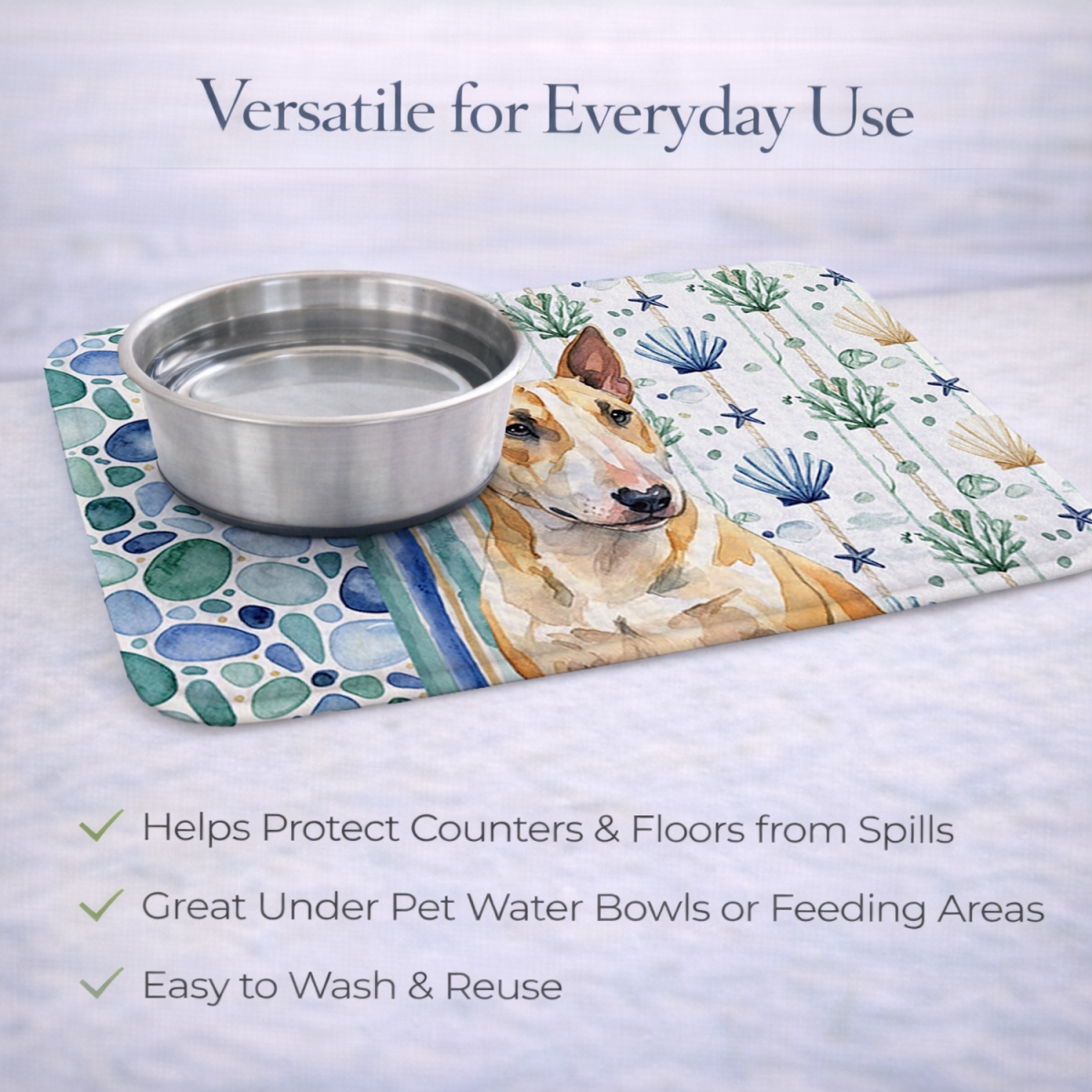 Picture of Carolines Treasures WDK7111DDM 21 x 14 in. Miniature Bull Terrier Coastal Sea Glass Dish Drying Mat