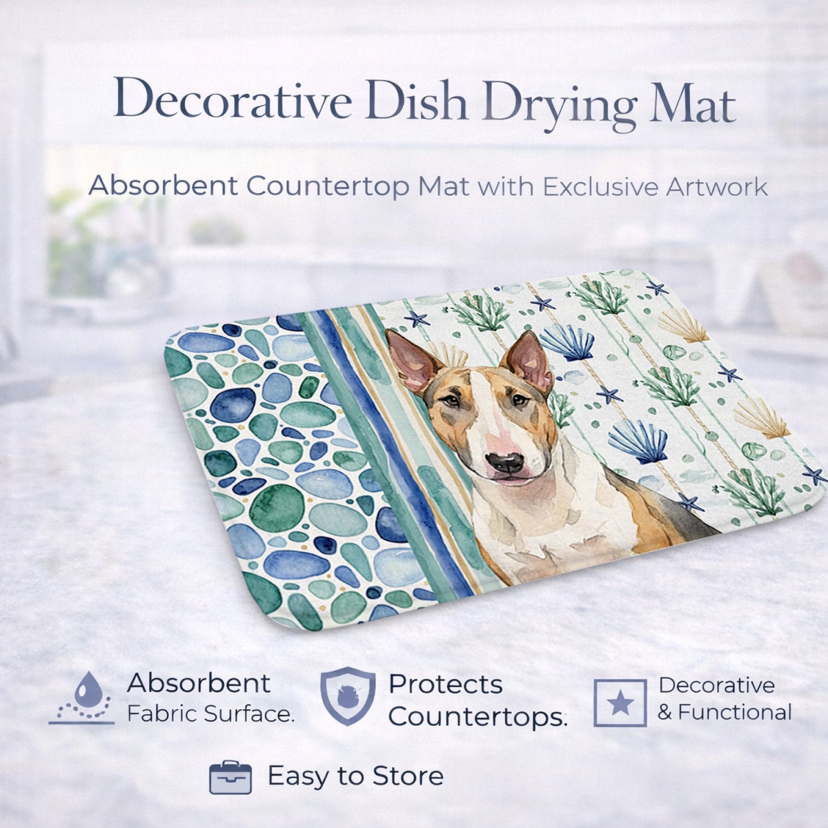 Picture of Carolines Treasures WDK7112DDM 21 x 14 in. Tricolor Miniature Bull Terrier Coastal Sea Glass Dish Drying Mat