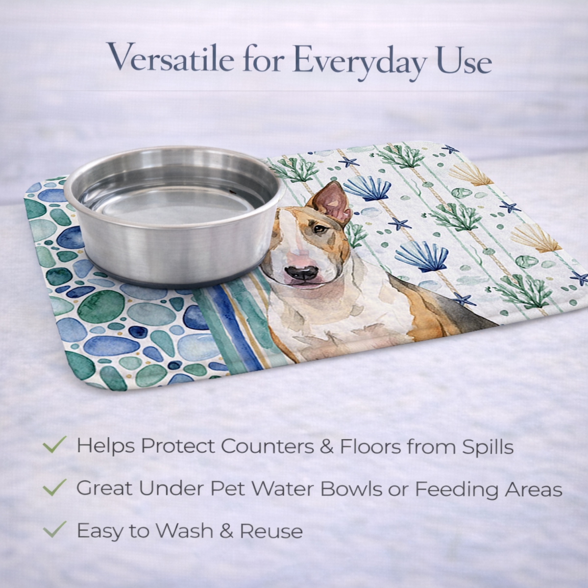 Picture of Carolines Treasures WDK7112DDM 21 x 14 in. Tricolor Miniature Bull Terrier Coastal Sea Glass Dish Drying Mat