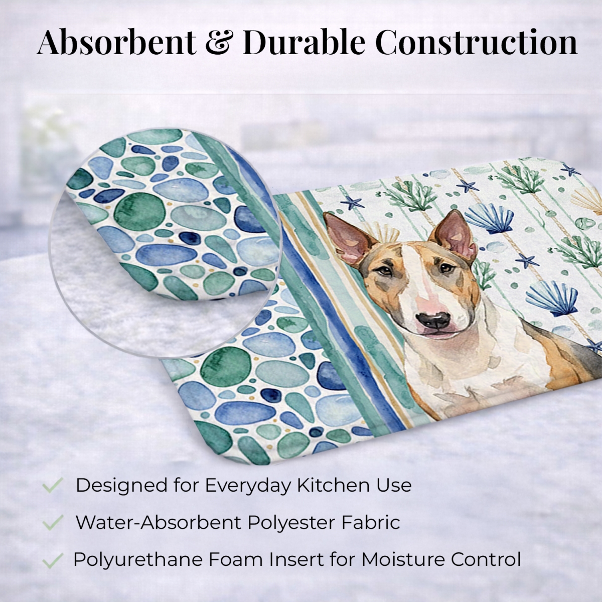 Picture of Carolines Treasures WDK7112DDM 21 x 14 in. Tricolor Miniature Bull Terrier Coastal Sea Glass Dish Drying Mat
