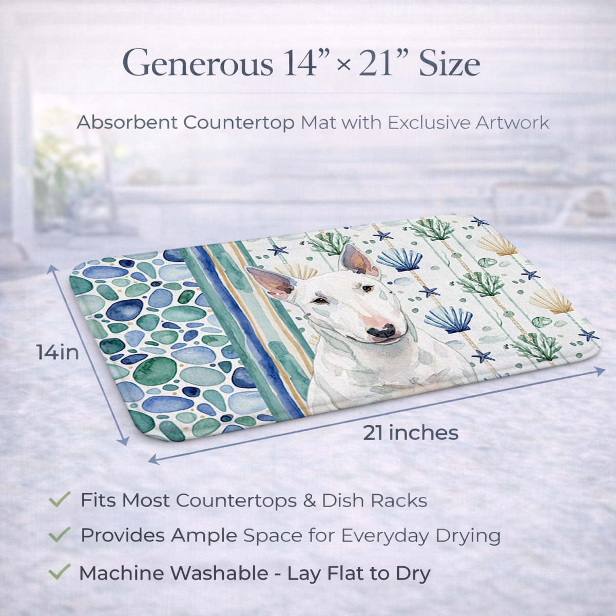 Picture of Carolines Treasures WDK7113DDM 21 x 14 in. White Miniature Bull Terrier Coastal Sea Glass Dish Drying Mat