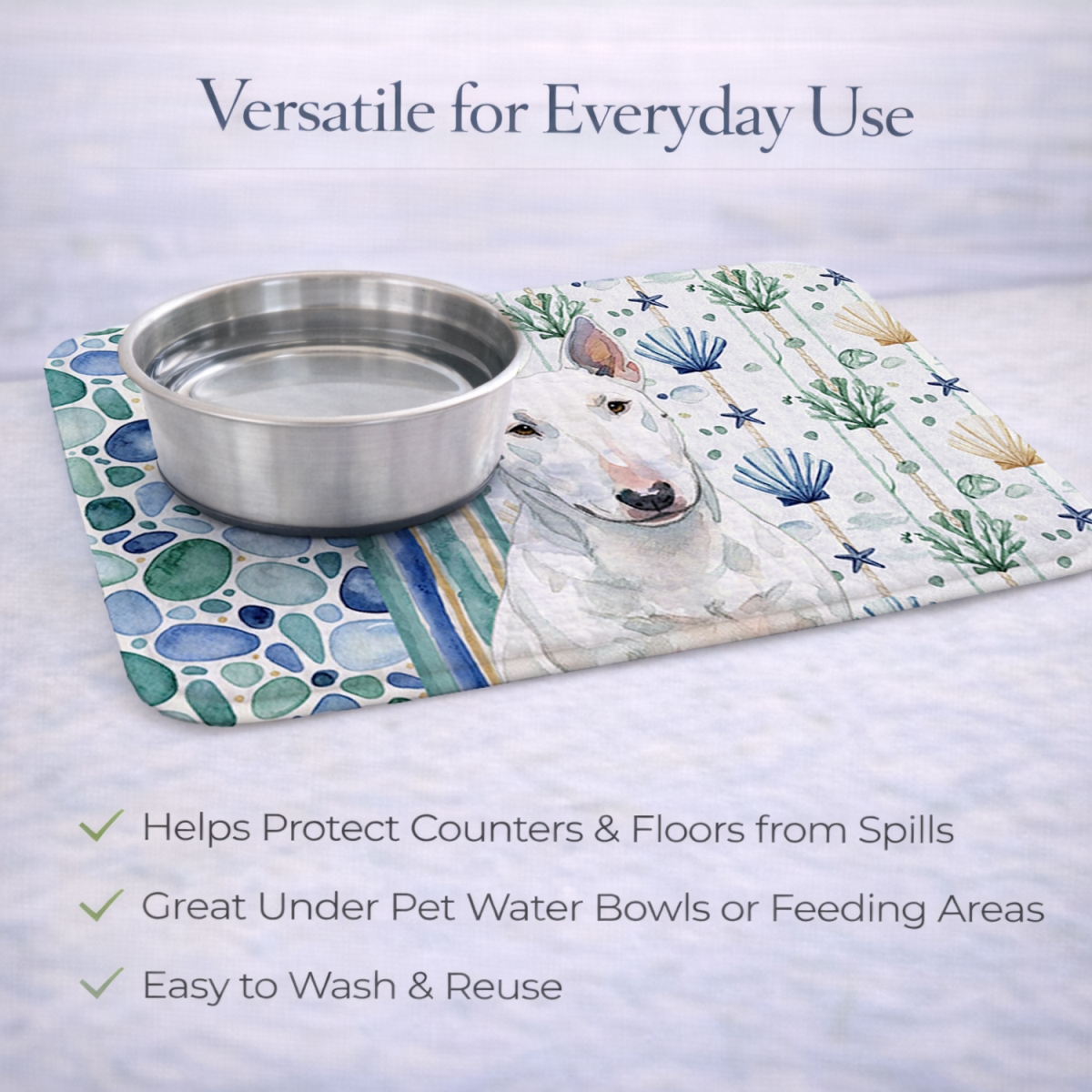 Picture of Carolines Treasures WDK7113DDM 21 x 14 in. White Miniature Bull Terrier Coastal Sea Glass Dish Drying Mat