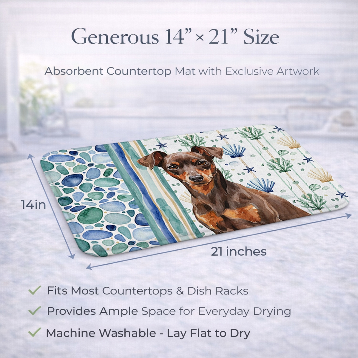 Picture of Carolines Treasures WDK7114DDM 21 x 14 in. Chocolate & Rust Miniature Pinscher Min Pin Coastal Sea Glass Dish Drying Mat