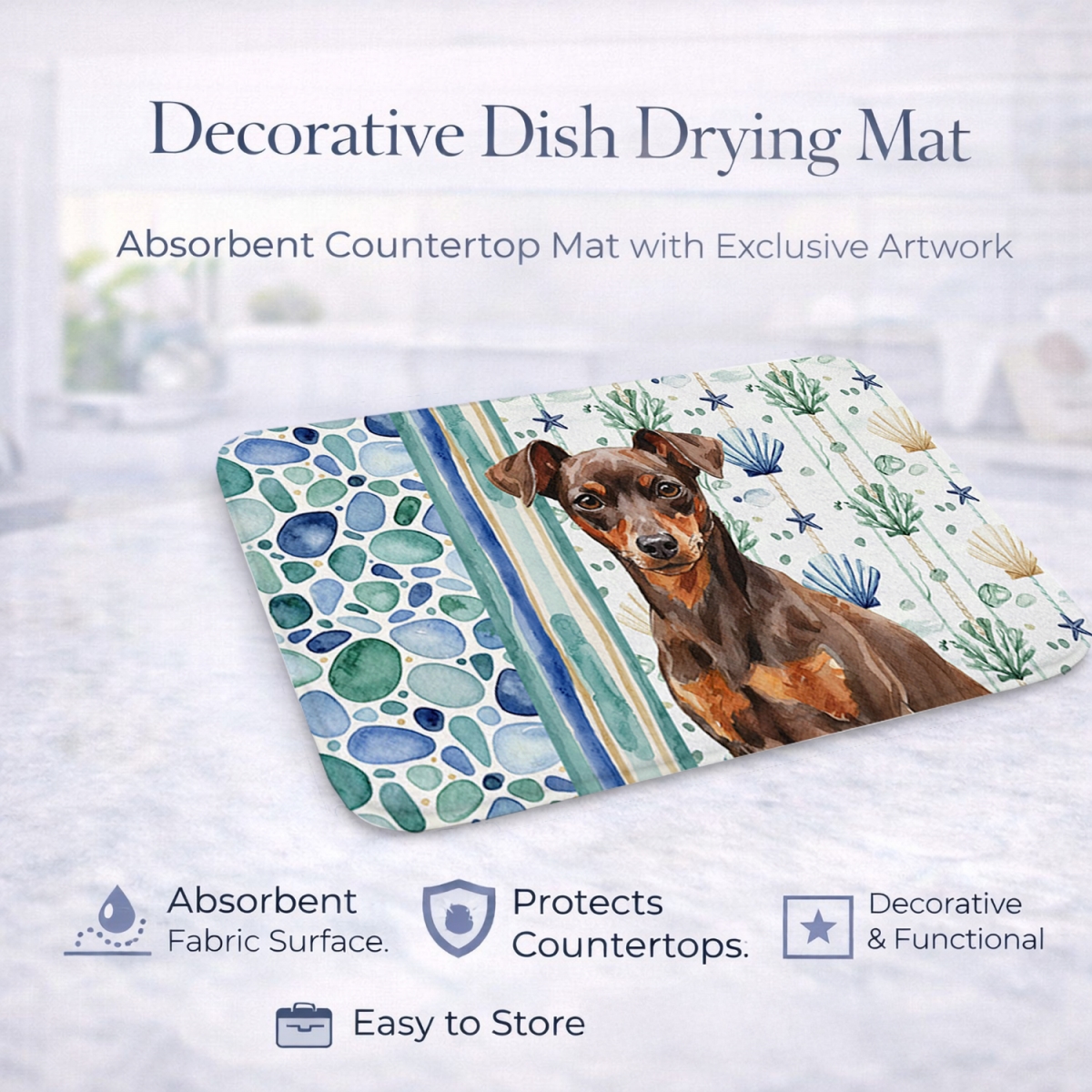 Picture of Carolines Treasures WDK7114DDM 21 x 14 in. Chocolate & Rust Miniature Pinscher Min Pin Coastal Sea Glass Dish Drying Mat