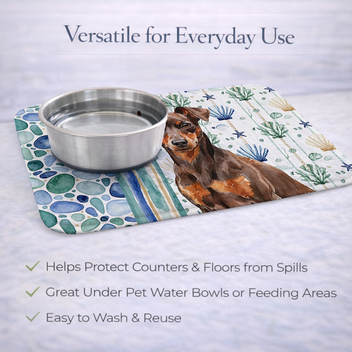Picture of Carolines Treasures WDK7114DDM 21 x 14 in. Chocolate & Rust Miniature Pinscher Min Pin Coastal Sea Glass Dish Drying Mat