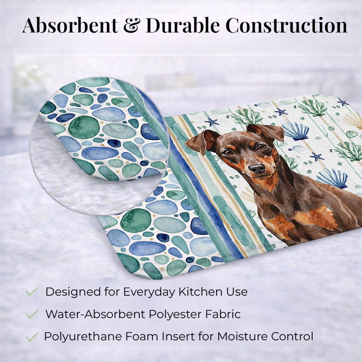 Picture of Carolines Treasures WDK7114DDM 21 x 14 in. Chocolate & Rust Miniature Pinscher Min Pin Coastal Sea Glass Dish Drying Mat