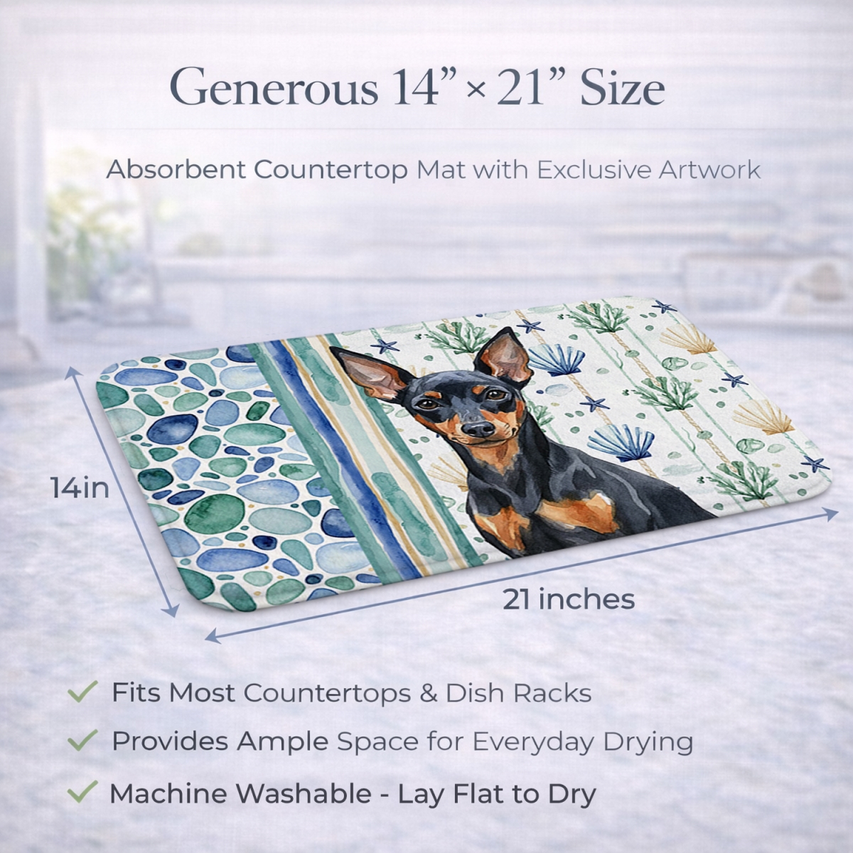 Picture of Carolines Treasures WDK7115DDM 21 x 14 in. Black & Tan Miniature Pinscher Coastal Sea Glass Dish Drying Mat