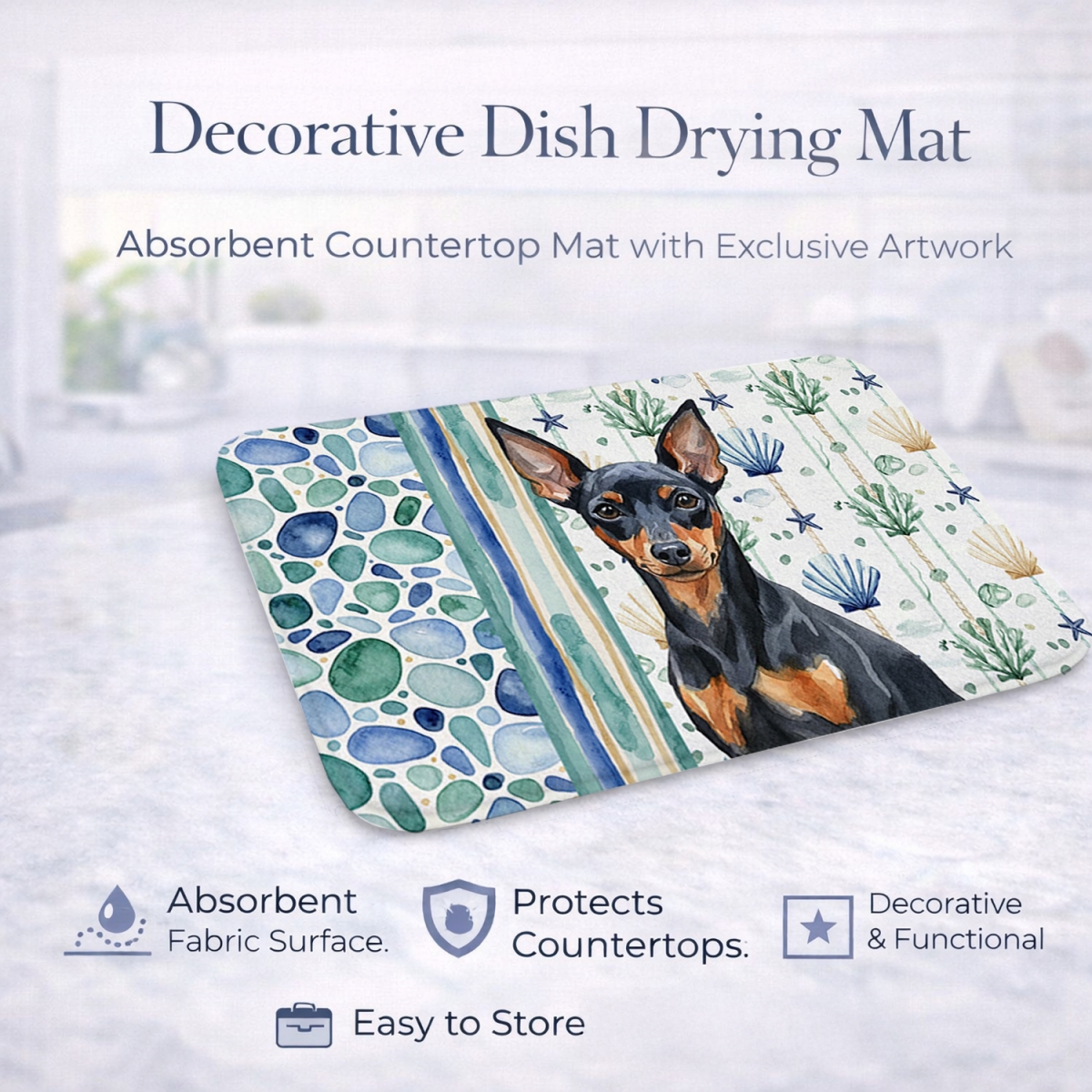 Picture of Carolines Treasures WDK7115DDM 21 x 14 in. Black & Tan Miniature Pinscher Coastal Sea Glass Dish Drying Mat