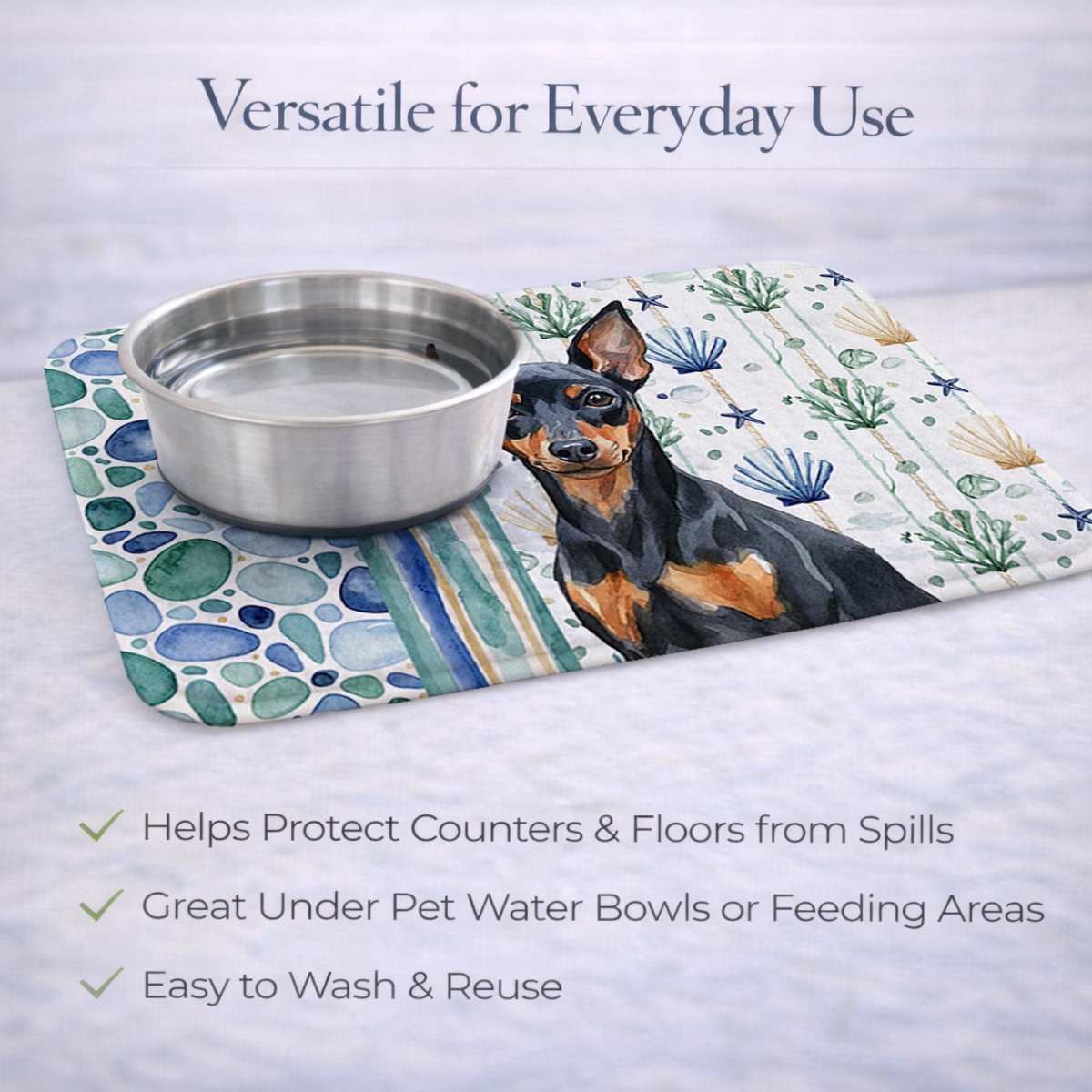 Picture of Carolines Treasures WDK7115DDM 21 x 14 in. Black & Tan Miniature Pinscher Coastal Sea Glass Dish Drying Mat