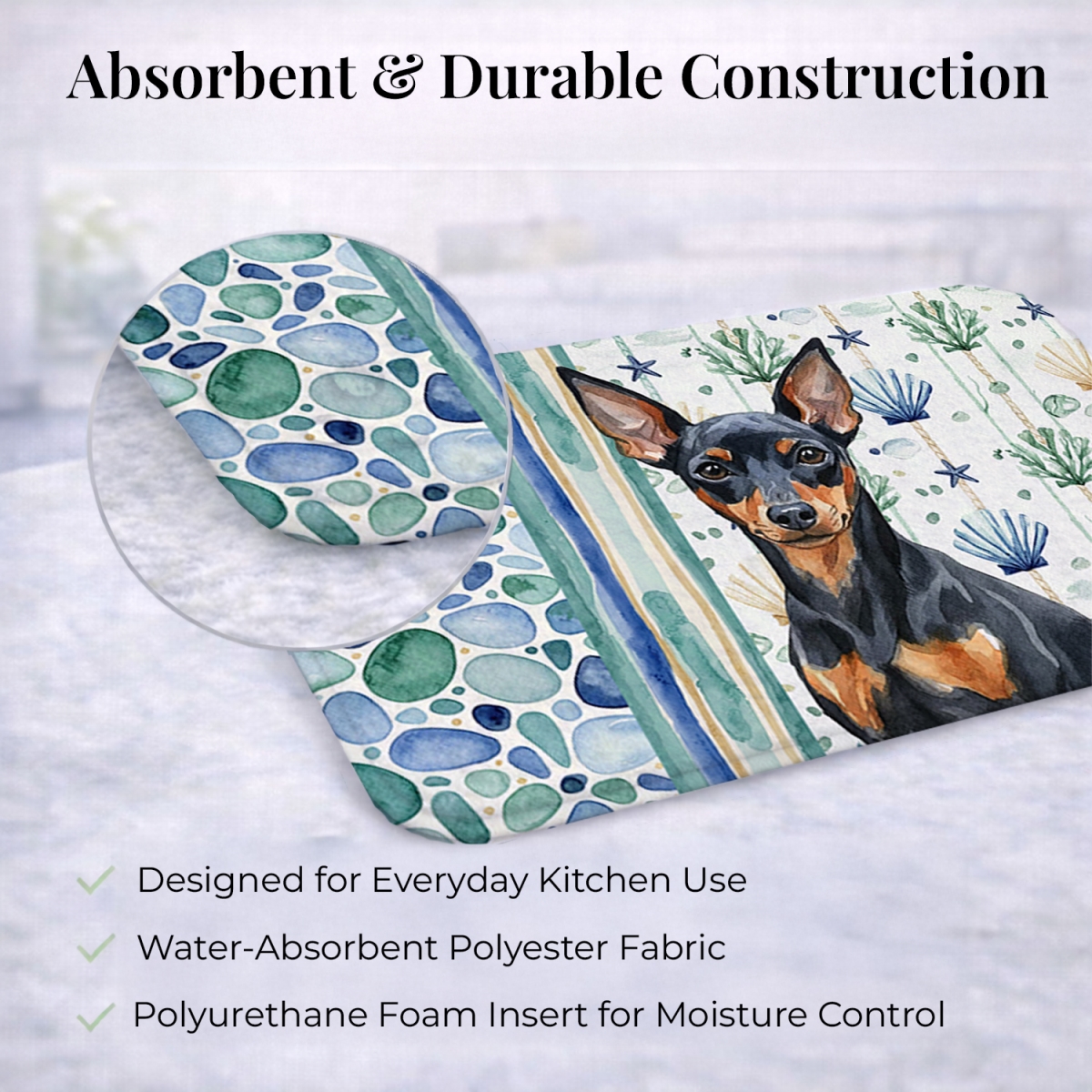 Picture of Carolines Treasures WDK7115DDM 21 x 14 in. Black & Tan Miniature Pinscher Coastal Sea Glass Dish Drying Mat