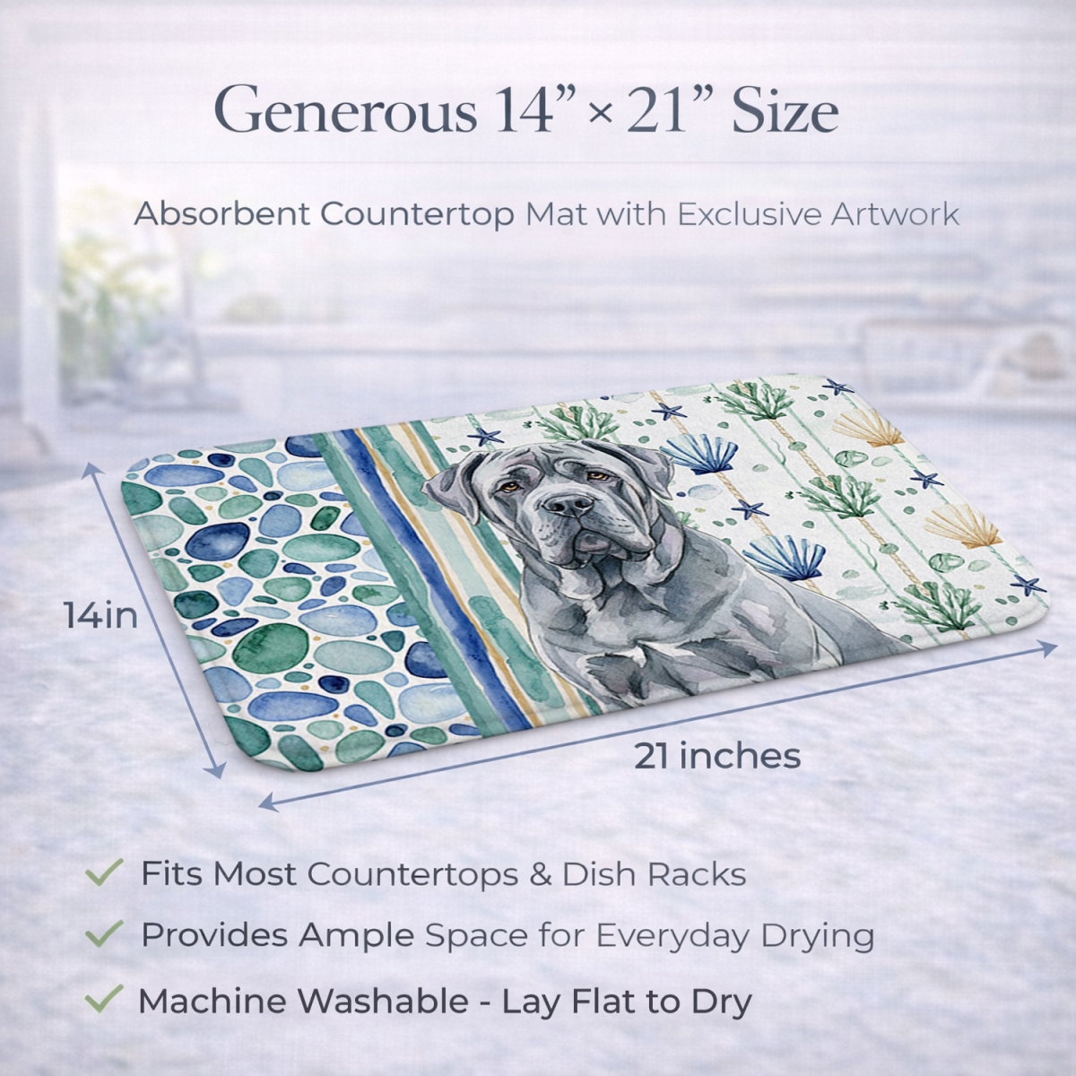 Picture of Carolines Treasures WDK7122DDM 21 x 14 in. Blue Neapolitan Mastiff Coastal Sea Glass Dish Drying Mat