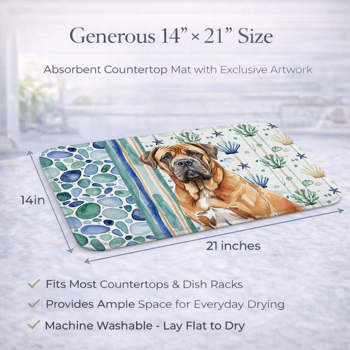 Picture of Carolines Treasures WDK7123DDM 21 x 14 in. Neapolitan Mastiff Coastal Sea Glass Dish Drying Mat