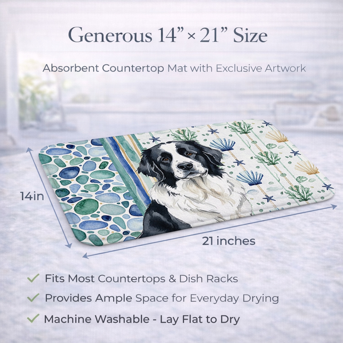 Picture of Carolines Treasures WDK7127DDM 21 x 14 in. Landseer  foundland Coastal Sea Glass Dish Drying Mat