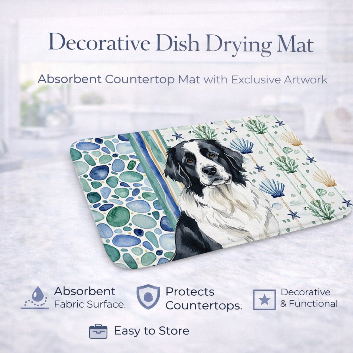 Picture of Carolines Treasures WDK7127DDM 21 x 14 in. Landseer  foundland Coastal Sea Glass Dish Drying Mat