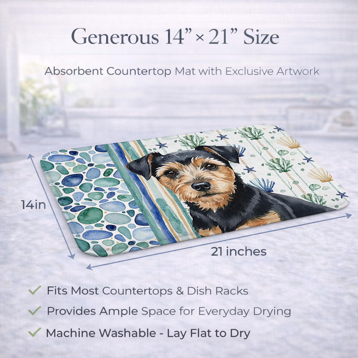 Picture of Carolines Treasures WDK7128DDM 21 x 14 in. Black & Tan Norfolk Terrier Coastal Sea Glass Dish Drying Mat