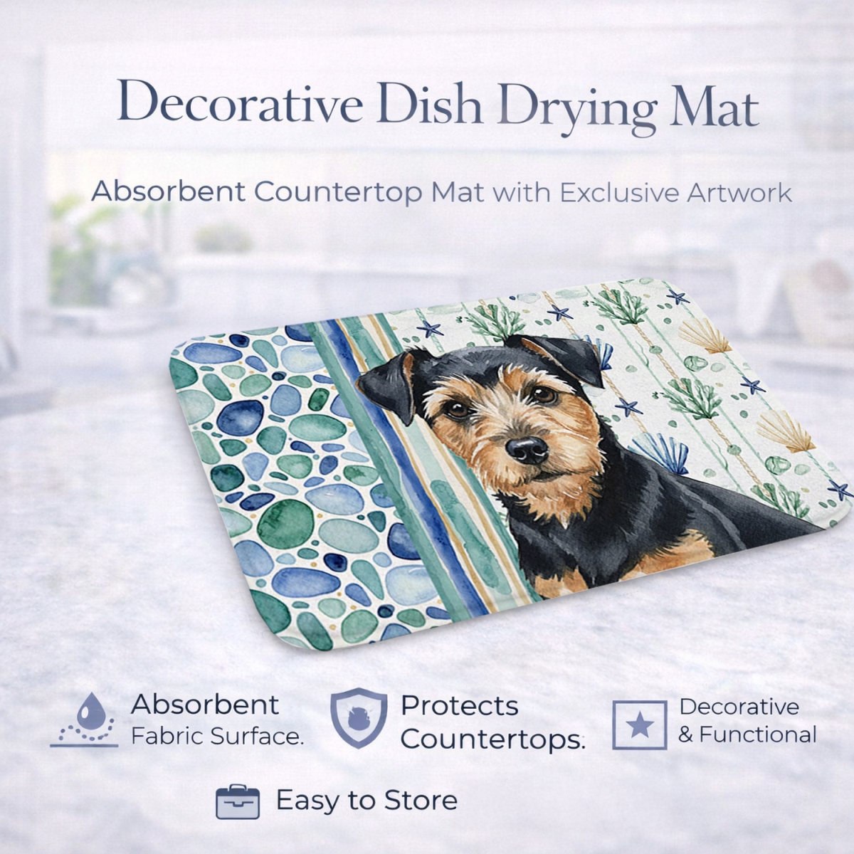 Picture of Carolines Treasures WDK7128DDM 21 x 14 in. Black & Tan Norfolk Terrier Coastal Sea Glass Dish Drying Mat