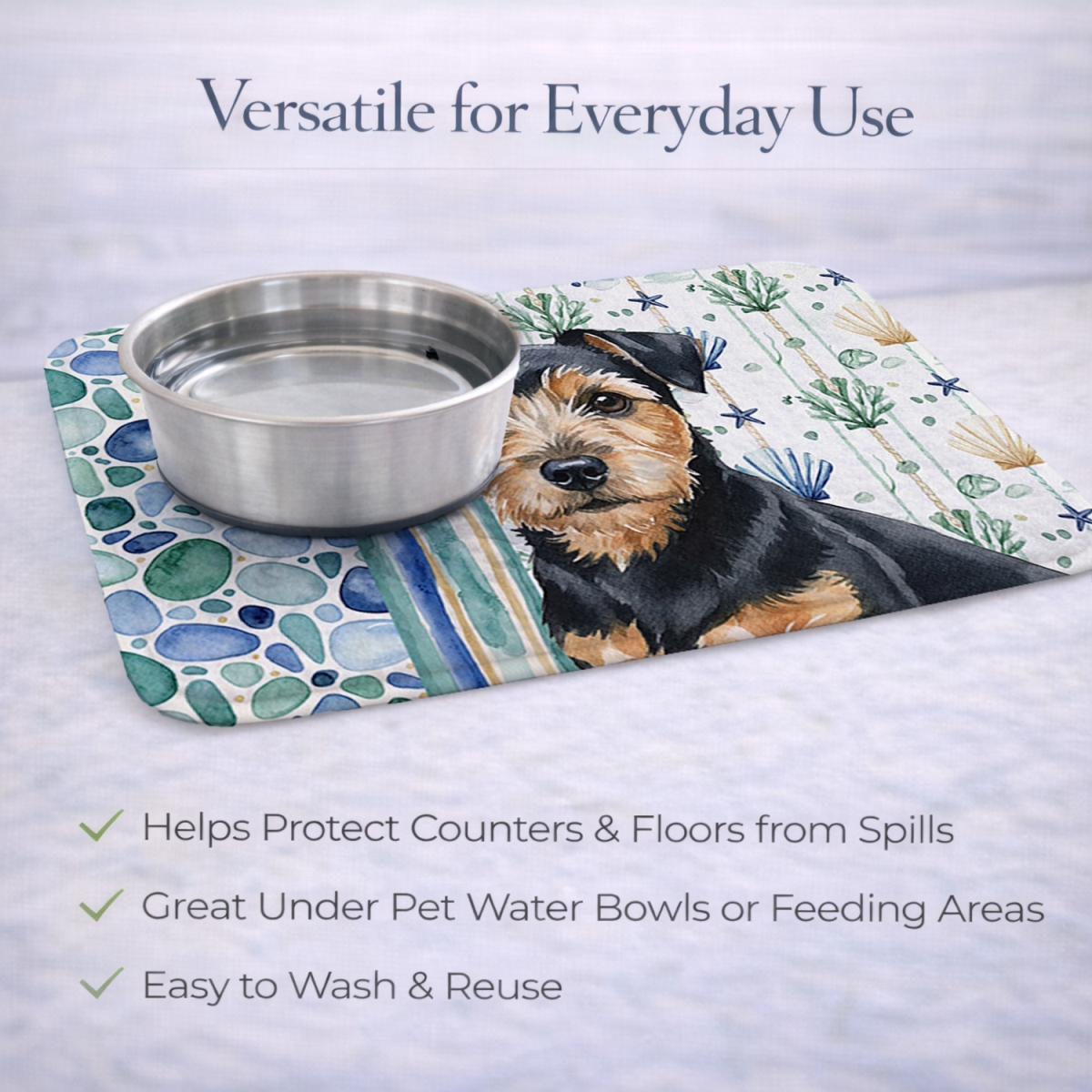 Picture of Carolines Treasures WDK7128DDM 21 x 14 in. Black & Tan Norfolk Terrier Coastal Sea Glass Dish Drying Mat