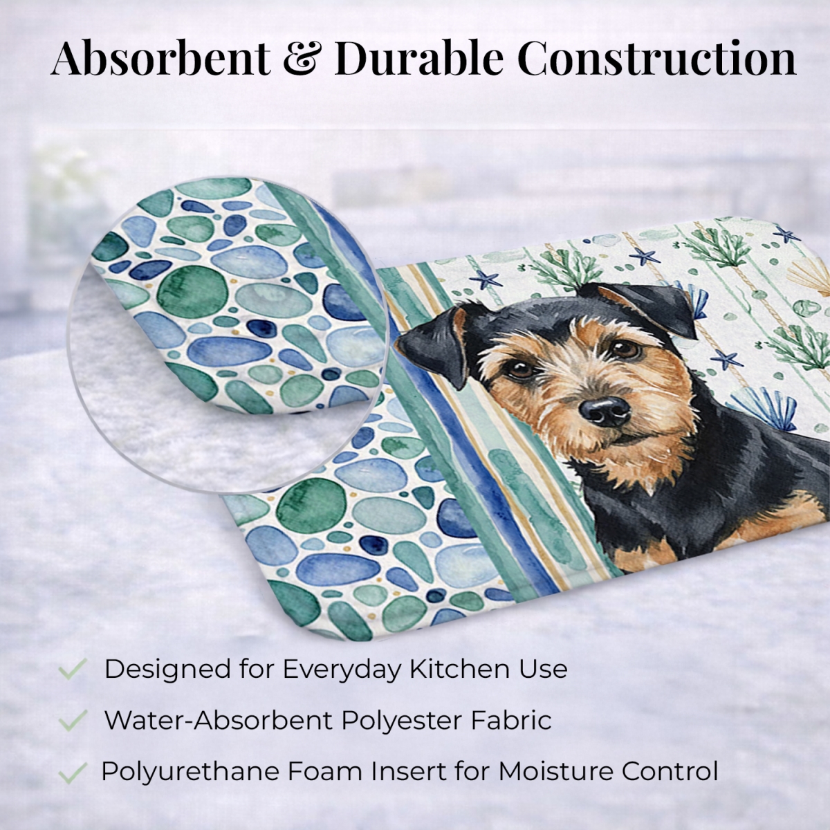 Picture of Carolines Treasures WDK7128DDM 21 x 14 in. Black & Tan Norfolk Terrier Coastal Sea Glass Dish Drying Mat
