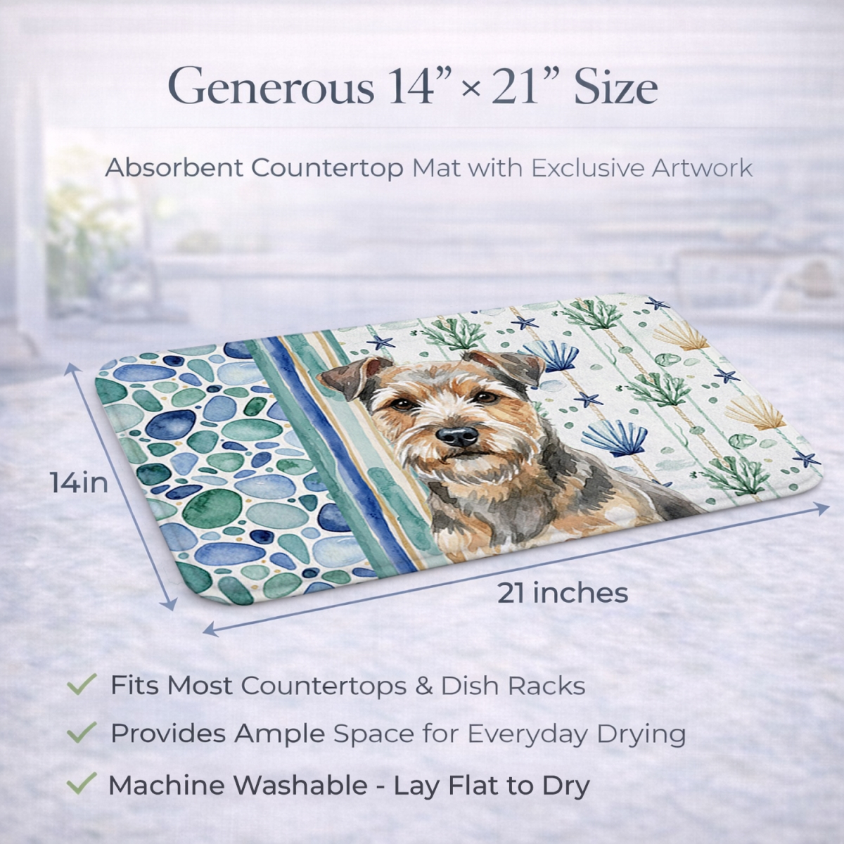 Picture of Carolines Treasures WDK7129DDM 21 x 14 in. Grizzle & Tan Norfolk Terrier Coastal Sea Glass Dish Drying Mat