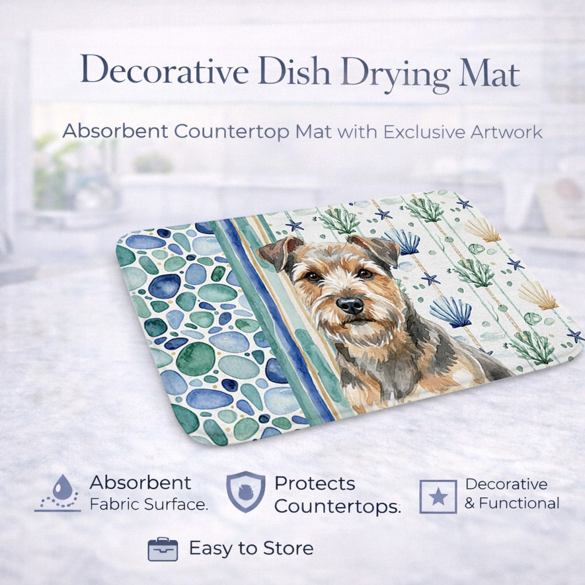 Picture of Carolines Treasures WDK7129DDM 21 x 14 in. Grizzle & Tan Norfolk Terrier Coastal Sea Glass Dish Drying Mat